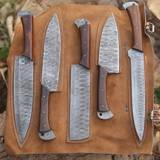 White Hills Knives Custom Hand Made Forged Damascus Steel Chef Knife Set Kitchen Knives With Wood Handle WH 9009 - Angler's Pro Tackle & Outdoors