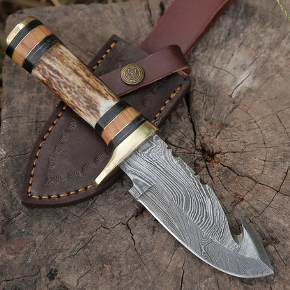 White Hills Knives Custom Hand Made Forged Damascus Steel Gut Hook Hunting Knife With Stag Handle WH 3749 - Angler's Pro Tackle & Outdoors