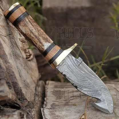 White Hills Knives Custom Hand Made Forged Damascus Steel Gut Hook Hunting Knife With Stag Handle WH 3749 - Angler's Pro Tackle & Outdoors