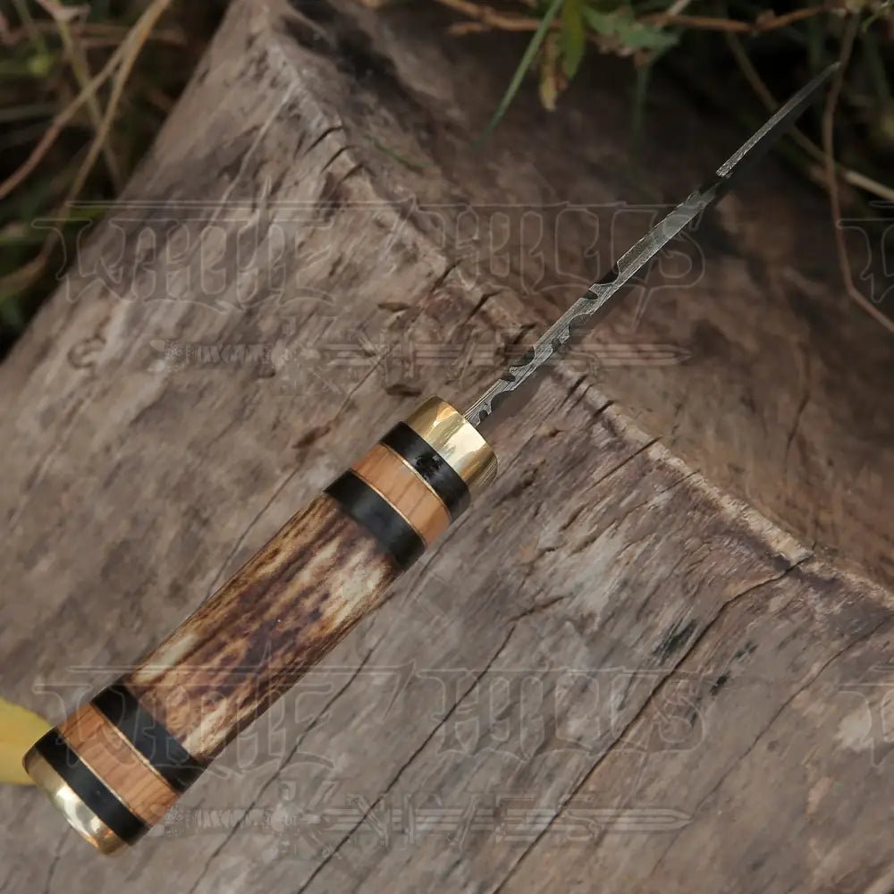 White Hills Knives Custom Hand Made Forged Damascus Steel Gut Hook Hunting Knife With Stag Handle WH 3749 - Angler's Pro Tackle & Outdoors