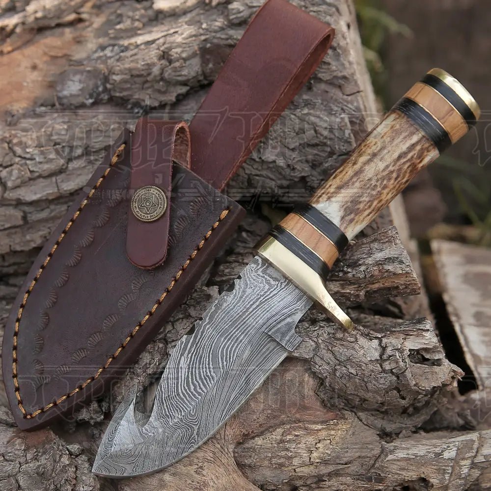 White Hills Knives Custom Hand Made Forged Damascus Steel Gut Hook Hunting Knife With Stag Handle WH 3749 - Angler's Pro Tackle & Outdoors