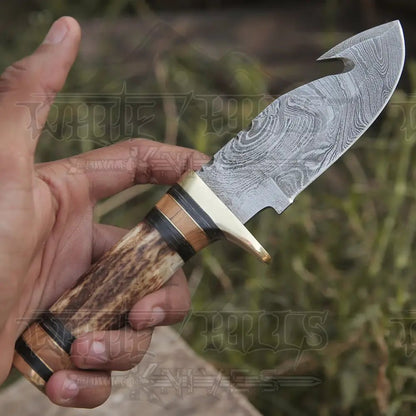 White Hills Knives Custom Hand Made Forged Damascus Steel Gut Hook Hunting Knife With Stag Handle WH 3749 - Angler's Pro Tackle & Outdoors