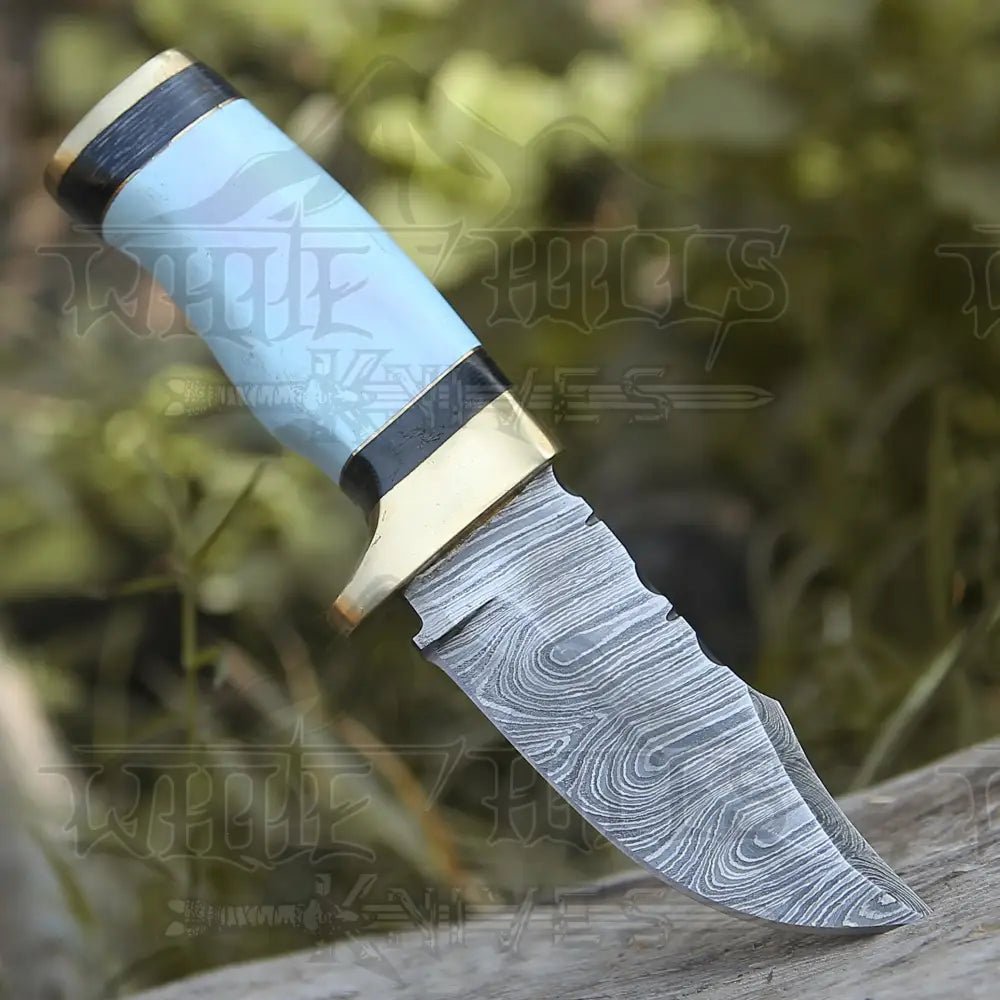 White Hills Knives Custom Handmade Damascus Steel Skinner Hunting Knife Bone & Brass Guard Handle WH 3547 - Angler's Pro Tackle & Outdoors