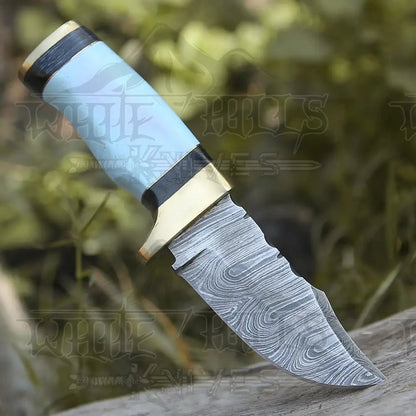 White Hills Knives Custom Handmade Damascus Steel Skinner Hunting Knife Bone & Brass Guard Handle WH 3547 - Angler's Pro Tackle & Outdoors