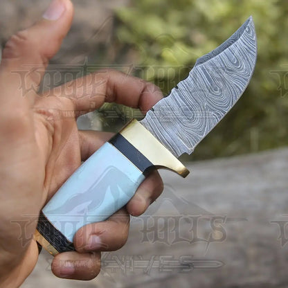 White Hills Knives Custom Handmade Damascus Steel Skinner Hunting Knife Bone & Brass Guard Handle WH 3547 - Angler's Pro Tackle & Outdoors