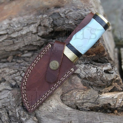 White Hills Knives Custom Handmade Damascus Steel Skinner Hunting Knife Bone & Brass Guard Handle WH 3547 - Angler's Pro Tackle & Outdoors