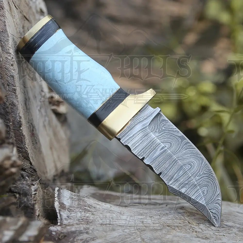 White Hills Knives Custom Handmade Damascus Steel Skinner Hunting Knife Bone & Brass Guard Handle WH 3547 - Angler's Pro Tackle & Outdoors