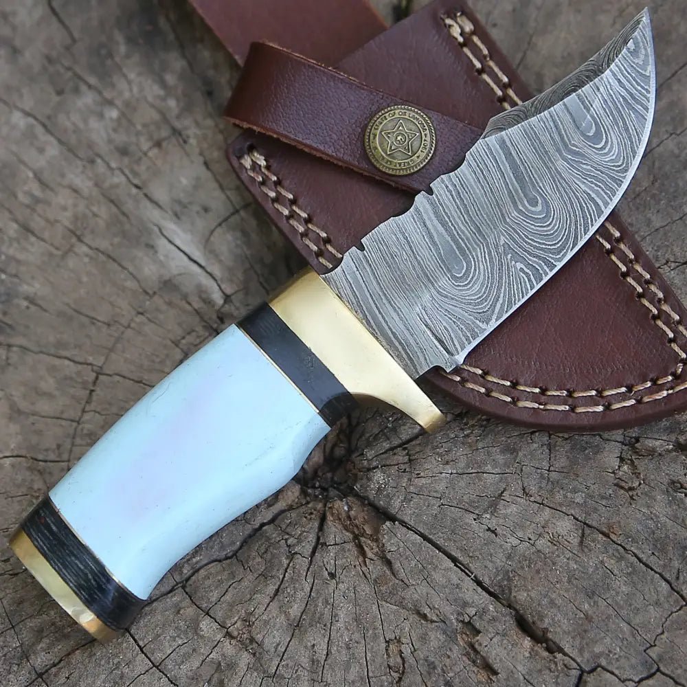 White Hills Knives Custom Handmade Damascus Steel Skinner Hunting Knife Bone & Brass Guard Handle WH 3547 - Angler's Pro Tackle & Outdoors