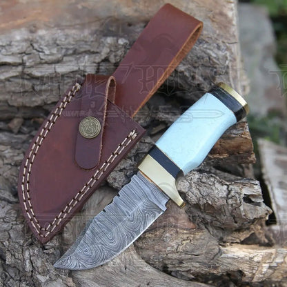 White Hills Knives Custom Handmade Damascus Steel Skinner Hunting Knife Bone & Brass Guard Handle WH 3547 - Angler's Pro Tackle & Outdoors