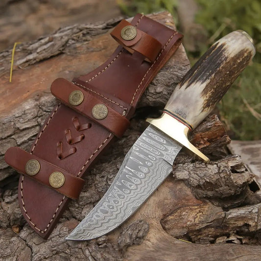 White Hills Knives Custom HANDMADE FORGED DAMASCUS Steel Hunting Knife W/ Stag & Brass Guard Handle WH 4399 - Angler's Pro Tackle & Outdoors