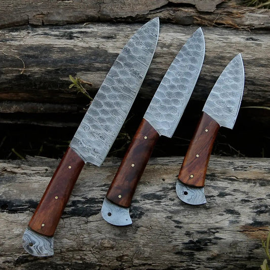 White Hills Knives Damascus 3 Piece Chef Knife Set & Leather Roll - Angler's Pro Tackle & Outdoors