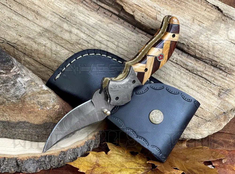 White Hills Knives Damascus Steel Folding Pocket Knife - 7.5" Handmade Gift Knife with Olive & Dark Wood Handle - Camping Pocket Knife - Angler's Pro Tackle & Outdoors