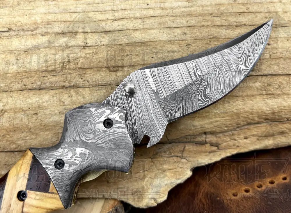 White Hills Knives Damascus Steel Folding Pocket Knife - 7.5" Handmade Gift Knife with Olive & Dark Wood Handle - Camping Pocket Knife - Angler's Pro Tackle & Outdoors