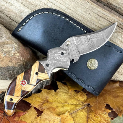White Hills Knives Damascus Steel Folding Pocket Knife - 7.5" Handmade Gift Knife with Olive & Dark Wood Handle - Camping Pocket Knife - Angler's Pro Tackle & Outdoors