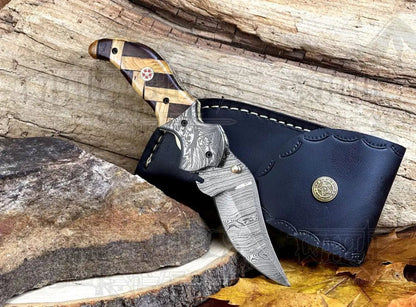 White Hills Knives Damascus Steel Folding Pocket Knife - 7.5" Handmade Gift Knife with Olive & Dark Wood Handle - Camping Pocket Knife - Angler's Pro Tackle & Outdoors