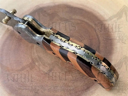 White Hills Knives Damascus Steel Folding Pocket Knife - 7.5" Handmade Gift Knife with Olive & Dark Wood Handle - Camping Pocket Knife - Angler's Pro Tackle & Outdoors