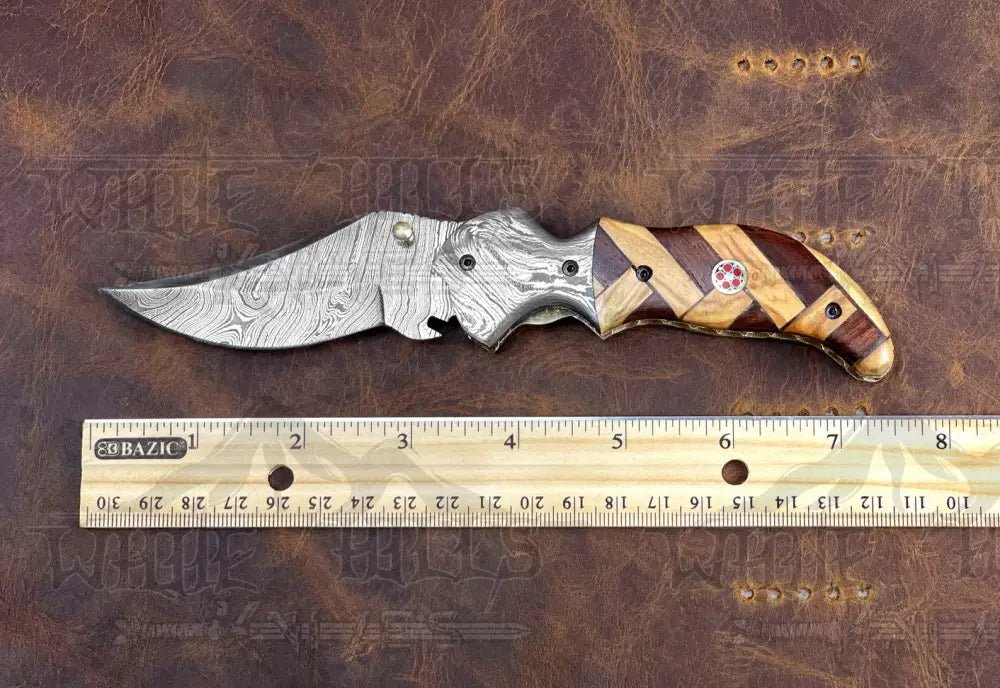 White Hills Knives Damascus Steel Folding Pocket Knife - 7.5" Handmade Gift Knife with Olive & Dark Wood Handle - Camping Pocket Knife - Angler's Pro Tackle & Outdoors
