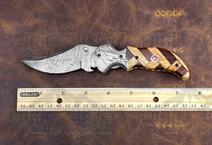 White Hills Knives Damascus Steel Folding Pocket Knife - 7.5" Handmade Gift Knife with Olive & Dark Wood Handle - Camping Pocket Knife - Angler's Pro Tackle & Outdoors