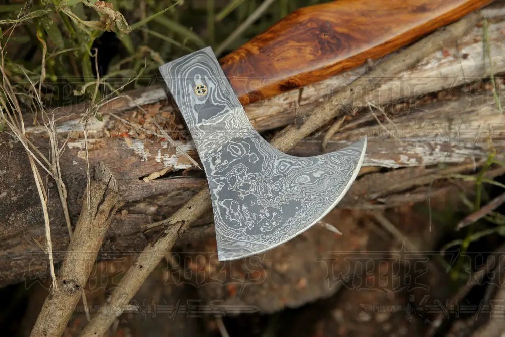 White Hills Knives Damascus Viking Axe, Damascus Steel Axe With Leather Sheath, Darkwood Handle Axe, Viking Hatchet, Camp Axe - Angler's Pro Tackle & Outdoors