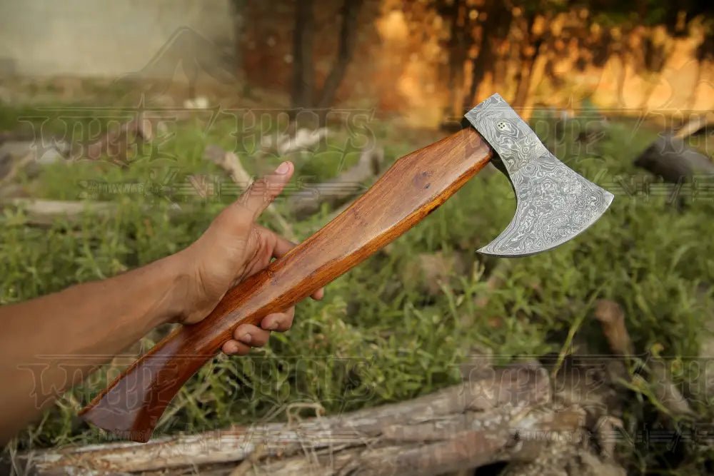 White Hills Knives Damascus Viking Axe, Damascus Steel Axe With Leather Sheath, Darkwood Handle Axe, Viking Hatchet, Camp Axe - Angler's Pro Tackle & Outdoors
