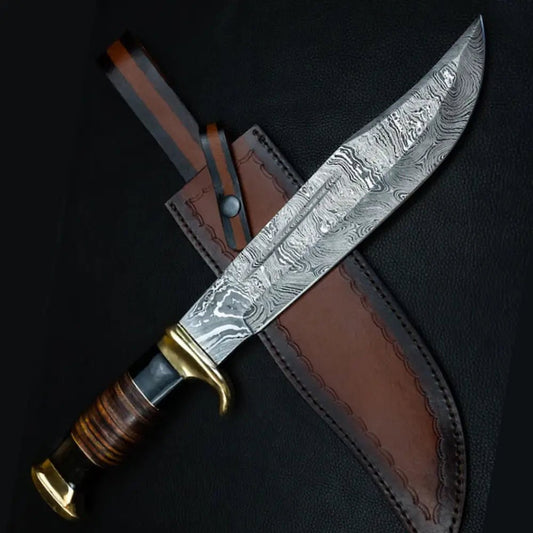 White Hills Knives Edc Bowie Knife - Damascus Steel EDC 15”bowie knife rambo with Leather Roll & Buffalo Horn Handle - Angler's Pro Tackle & Outdoors