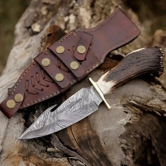 White Hills Knives EDC Handmade Forged Damascus Steel Hunting Deer Hook Knife Crown Stag Handle - Angler's Pro Tackle & Outdoors