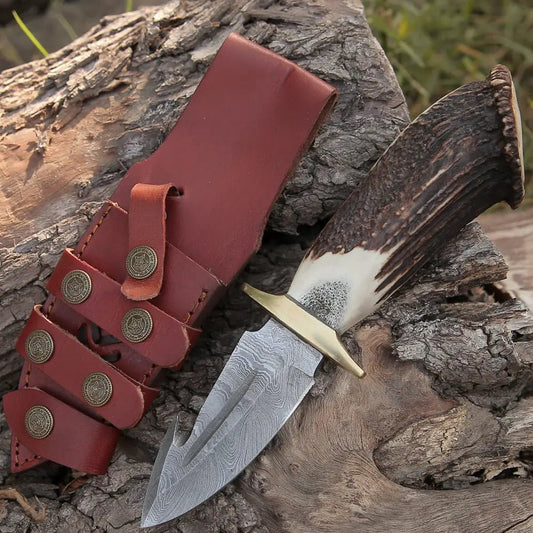 White Hills Knives EDC Handmade Forged Damascus Steel Hunting Deer Hook Knife Crown Stag Handle WH 4417 - Angler's Pro Tackle & Outdoors