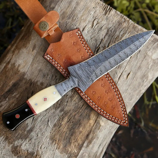 White Hills Knives Hand Forged Damascus Steel Hunting Boot Knife With Damascus Bolster - Bull Horn & Bone Handle - Angler's Pro Tackle & Outdoors