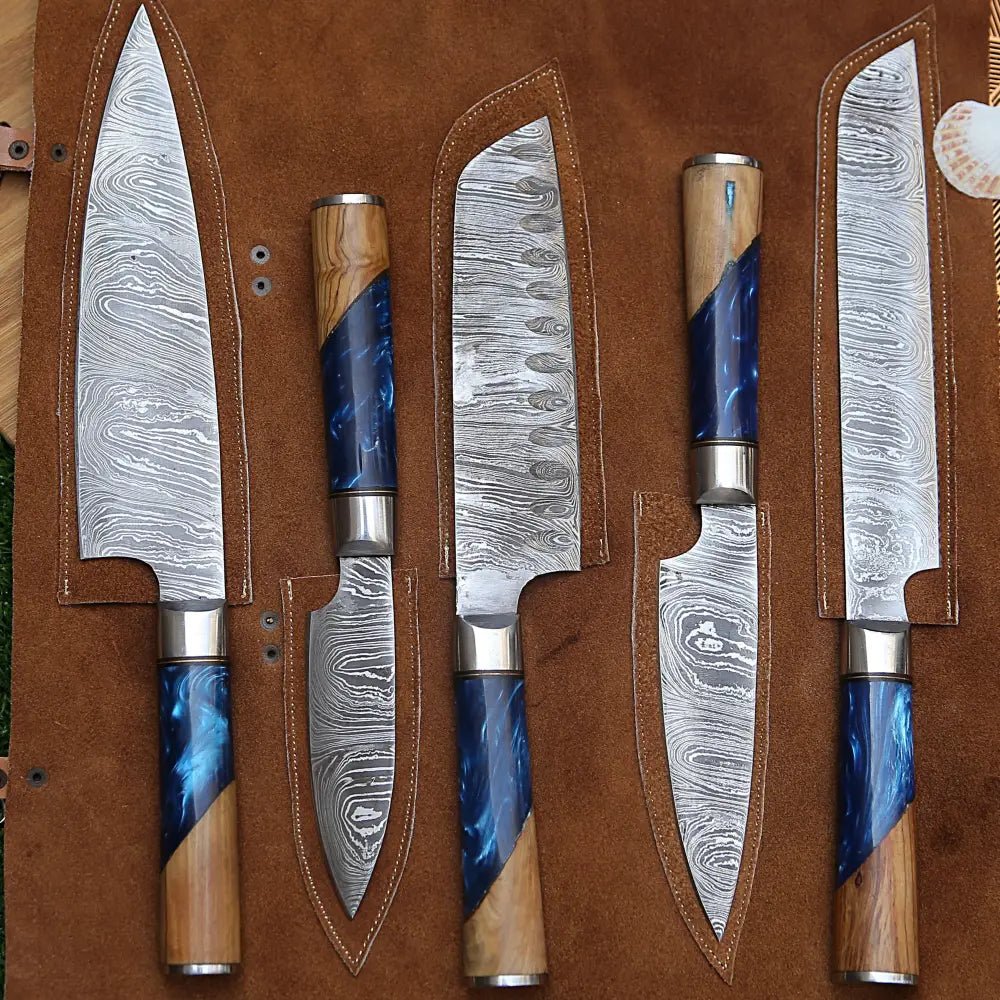 White Hills Knives Handmade Chef Set, 5 Piece Damascus Steel Chef Knife Set, Kitchen Knife Set with Leather Cover - Angler's Pro Tackle & Outdoors