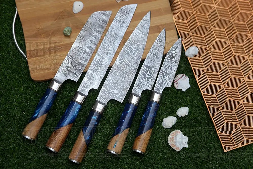 White Hills Knives Handmade Chef Set, 5 Piece Damascus Steel Chef Knife Set, Kitchen Knife Set with Leather Cover - Angler's Pro Tackle & Outdoors