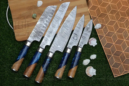 White Hills Knives Handmade Chef Set, 5 Piece Damascus Steel Chef Knife Set, Kitchen Knife Set with Leather Cover - Angler's Pro Tackle & Outdoors