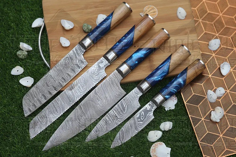 White Hills Knives Handmade Chef Set, 5 Piece Damascus Steel Chef Knife Set, Kitchen Knife Set with Leather Cover - Angler's Pro Tackle & Outdoors