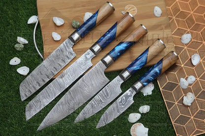 White Hills Knives Handmade Chef Set, 5 Piece Damascus Steel Chef Knife Set, Kitchen Knife Set with Leather Cover - Angler's Pro Tackle & Outdoors