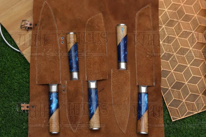 White Hills Knives Handmade Chef Set, 5 Piece Damascus Steel Chef Knife Set, Kitchen Knife Set with Leather Cover - Angler's Pro Tackle & Outdoors