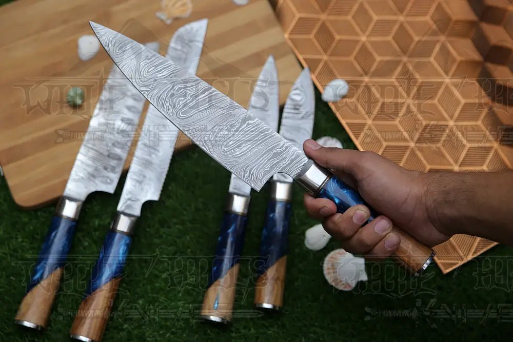 White Hills Knives Handmade Chef Set, 5 Piece Damascus Steel Chef Knife Set, Kitchen Knife Set with Leather Cover - Angler's Pro Tackle & Outdoors