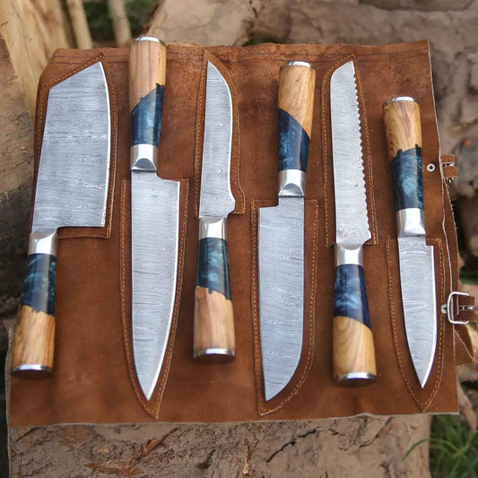 White Hills Knives Handmade Damascus Chef Knife Set, 6 Pieces Damascus Steel Chef Knife Set, Kitchen Knife Set with Leather Cover - Angler's Pro Tackle & Outdoors