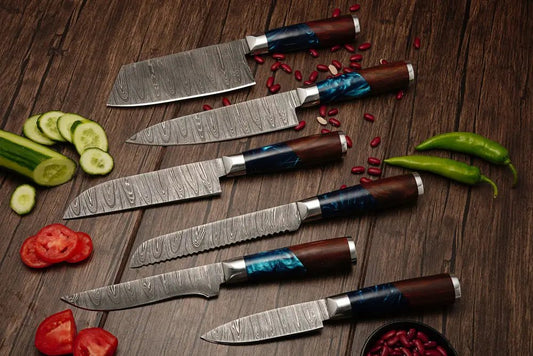 White Hills Knives Handmade Damascus Chef Knife Set, 6 Pieces Damascus Steel Chef Knife Set, Kitchen Knife Set with Leather Cover - Rosewood & Resin Handle - Angler's Pro Tackle & Outdoors