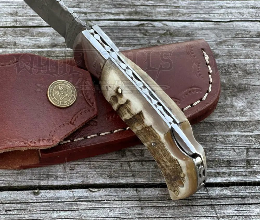 White Hills Knives Handmade Damascus Pocket Knife - 6.5'' Back Lock Folding Knife Ram Horn Handle - Camping Knife - Angler's Pro Tackle & Outdoors