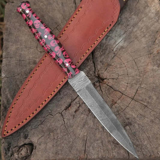 White Hills Knives HANDMADE DAMASCUS STEEL DAGGER KNIFE - 10" FULL TANG KNIFE - Red Skull Resin Handle - Angler's Pro Tackle & Outdoors