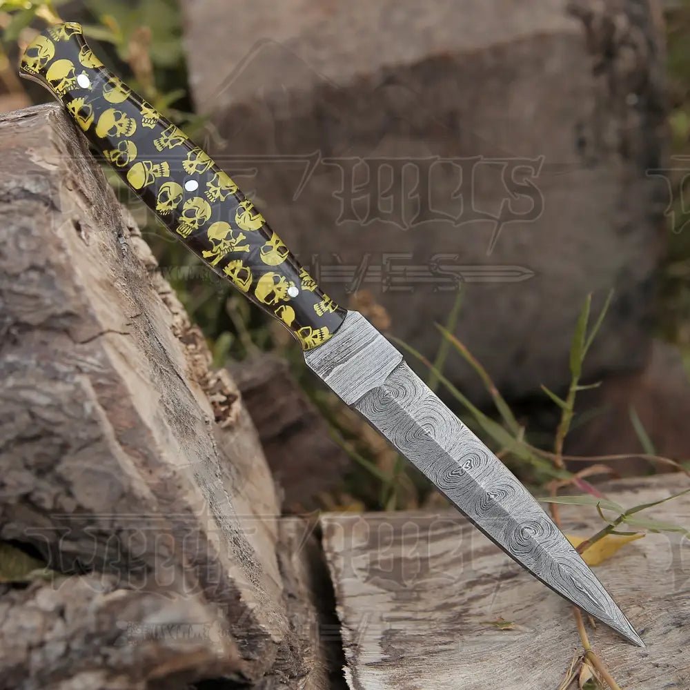 White Hills Knives HANDMADE DAMASCUS STEEL DAGGER KNIFE - 10" FULL TANG KNIFE - Yellow Skull Resin Handle - Angler's Pro Tackle & Outdoors