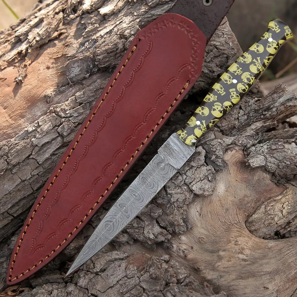 White Hills Knives HANDMADE DAMASCUS STEEL DAGGER KNIFE - 10" FULL TANG KNIFE - Yellow Skull Resin Handle - Angler's Pro Tackle & Outdoors