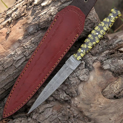 White Hills Knives HANDMADE DAMASCUS STEEL DAGGER KNIFE - 10" FULL TANG KNIFE - Yellow Skull Resin Handle - Angler's Pro Tackle & Outdoors