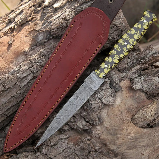 White Hills Knives HANDMADE DAMASCUS STEEL DAGGER KNIFE - 10" FULL TANG KNIFE - Yellow Skull Resin Handle - Angler's Pro Tackle & Outdoors