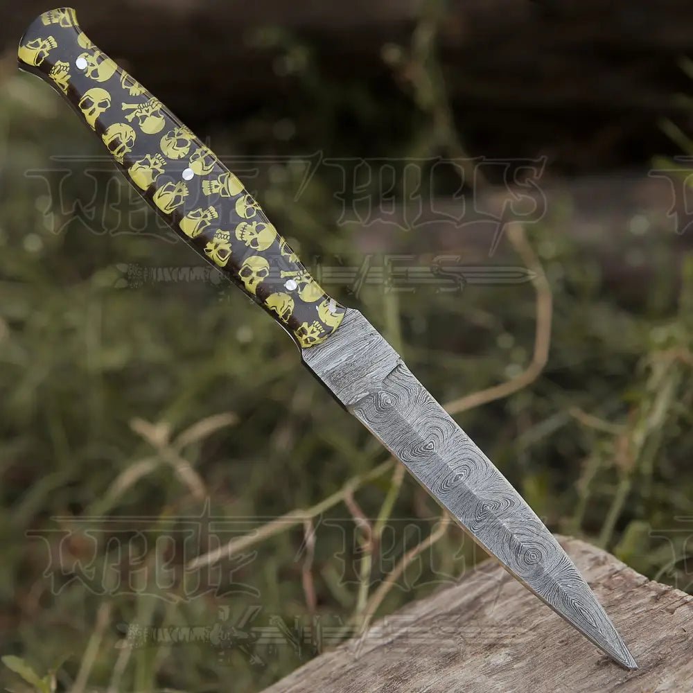 White Hills Knives HANDMADE DAMASCUS STEEL DAGGER KNIFE - 10" FULL TANG KNIFE - Yellow Skull Resin Handle - Angler's Pro Tackle & Outdoors