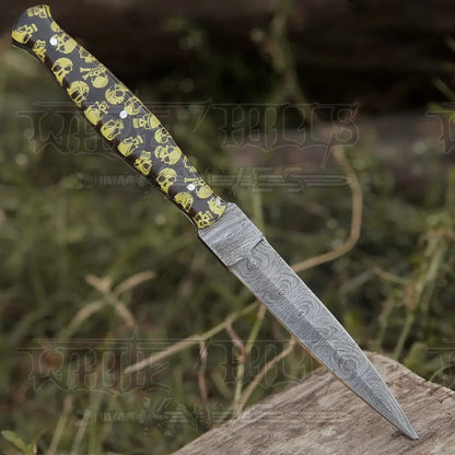 White Hills Knives HANDMADE DAMASCUS STEEL DAGGER KNIFE - 10" FULL TANG KNIFE - Yellow Skull Resin Handle - Angler's Pro Tackle & Outdoors