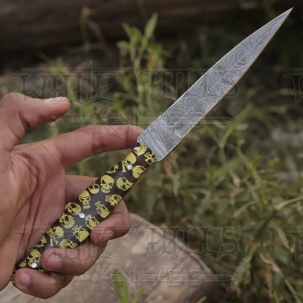 White Hills Knives HANDMADE DAMASCUS STEEL DAGGER KNIFE - 10" FULL TANG KNIFE - Yellow Skull Resin Handle - Angler's Pro Tackle & Outdoors