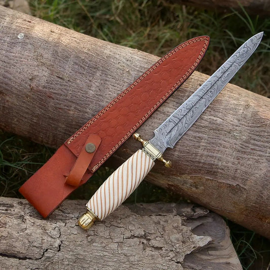 White Hills Knives HANDMADE DAMASCUS STEEL DAGGER KNIFE - 15" Camel Bone Handle Exotic Damascus Dagger - Angler's Pro Tackle & Outdoors