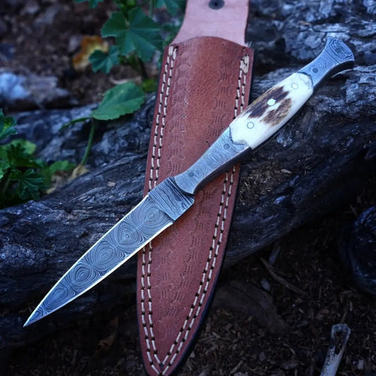 White Hills Knives HANDMADE DAMASCUS STEEL DAGGER KNIFE - 8.5" FULL TANG KNIFE - Stag Antler Handle - Angler's Pro Tackle & Outdoors