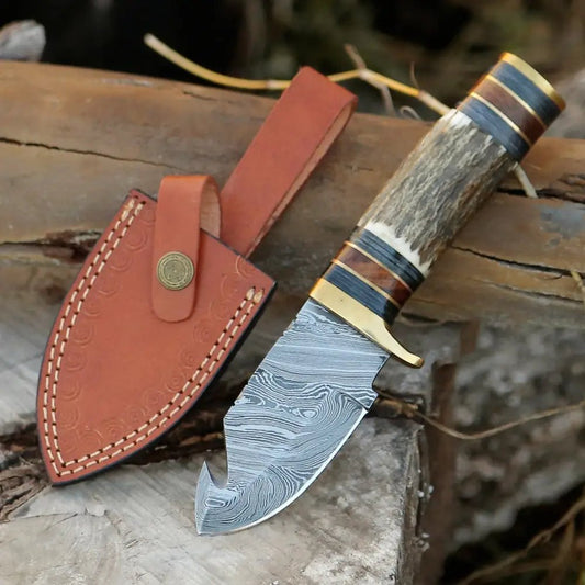 White Hills Knives Handmade Damascus Steel Gut Hook Hunting Knife With Stag Handle WH 3738 - Angler's Pro Tackle & Outdoors