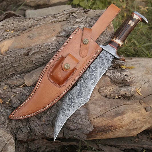 White Hills Knives Handmade Damascus Steel Hunting Bowie Fix Blade Knife With Stag Antler Handle WH 4422 - Angler's Pro Tackle & Outdoors